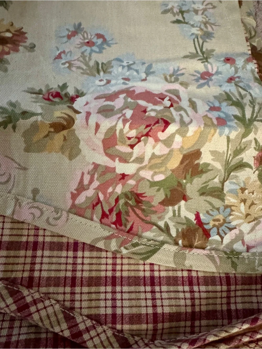 American Living Cream and Red Floral Window Valance with Plaid Trim